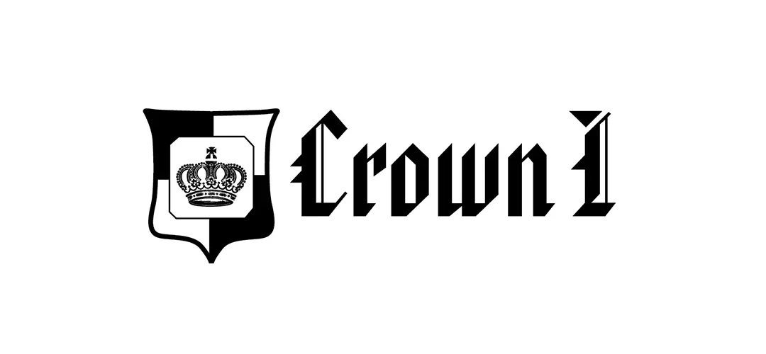 Black and white logo with a shield containing a crown on the left and the stylized text Crown I in Gothic font on the right.